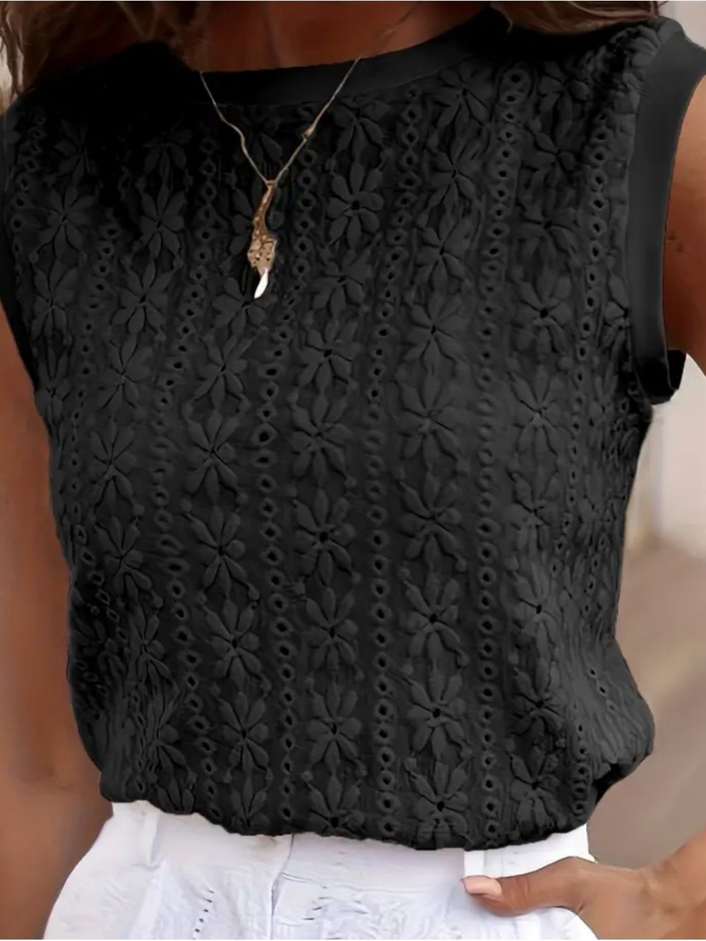 Sleeveless Black Floral Eyelet Tank Top - Classic Summer Staple
